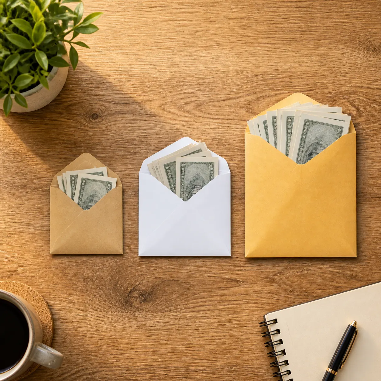Three envelopes stuffed with cash on a desk, symbolizing Florida's $1,000 installment payday loan repaid over several payments
