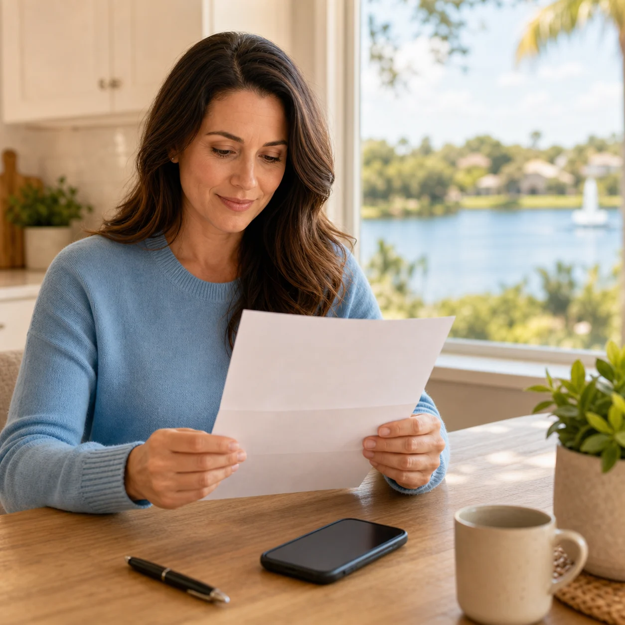 Woman at home reading a document about her Florida borrower rights and the 60-day grace period